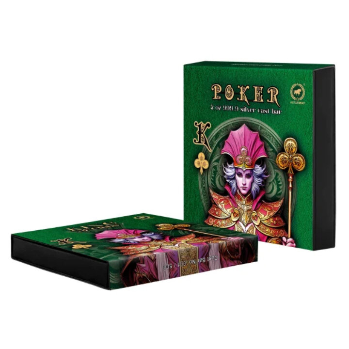 Asturmint: Stříbrná tyčinka 2024 s povrchovou úpravou Antique: Pokerové karty - King of Clubs v barvě 2 oz