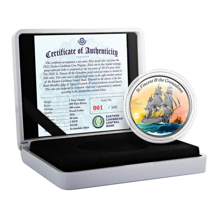St. Vincent & The Grenadines: War Ship kolorowany 1 uncja Srebra 2022 Proof (Milkspot)