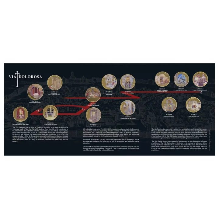 Set 14 monede Via Dolorosa colorată aurită Bronz 2016 Prooflike
