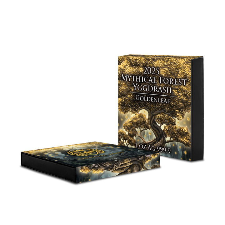 Mythical Forest: Yggdrasil Goldenleaf pozlacená 1 unce stříbra 2025 Black Ruthenium