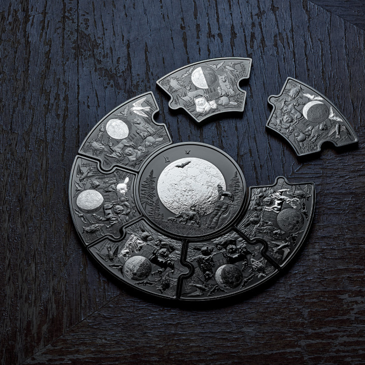 Zestaw Canada: Moon Phases 8 srebrnych monet puzzli 2025 Black Rhodium Reverse Proof