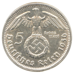 Germania, Terzo Reich - Paul von Hindenburg 5 reichsmark (con svastica) Argento 1936-1939