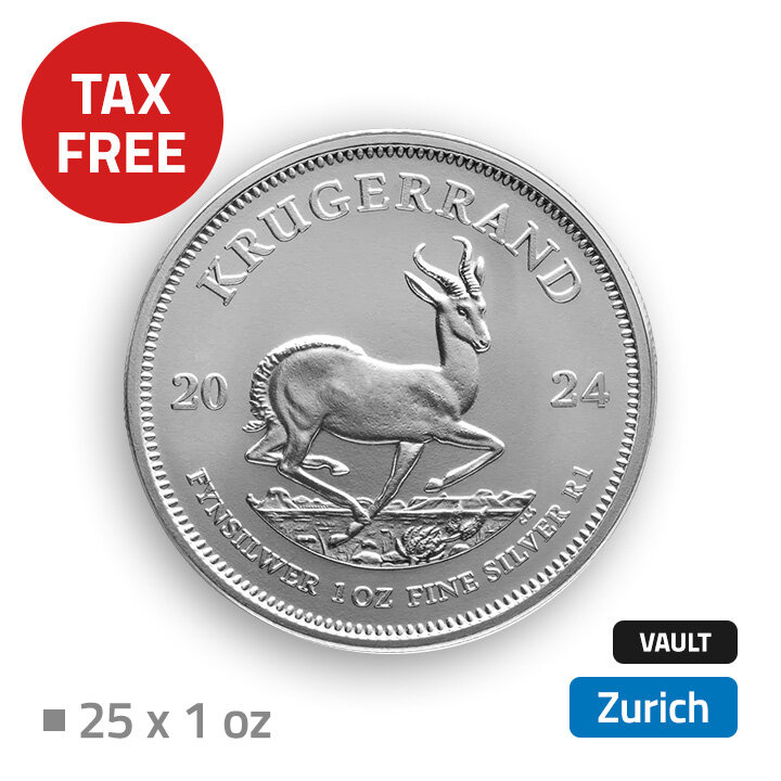 Krugerrand 25 onces d'argent - stocké dans un entrepôt hors taxes à Zurich (Loomis)