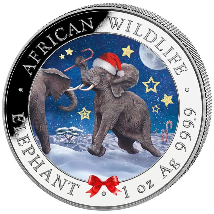 African Wildlife: Somalia Elephant colorized 1 oz Silver 2024 (Snow Globe)