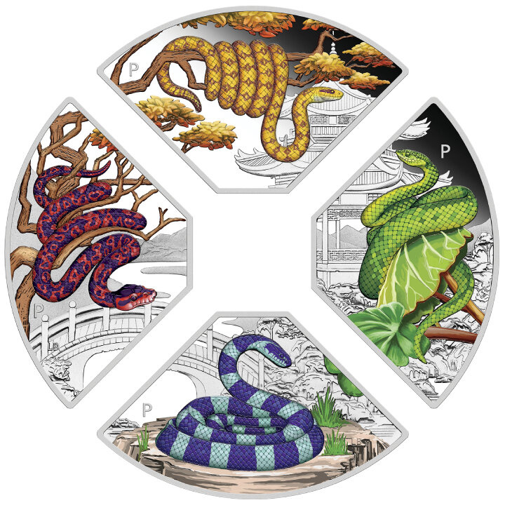 Tuvalu: Year of the Snake Quadrant Coloured Four-Coin Set 1oz Silver 2025 Proof