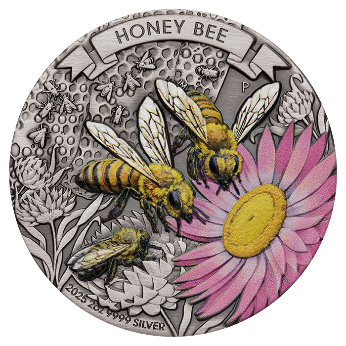 Austrálie: Honey Bee kolorovaná 2 oz Stříbra 2025 Antiqued Coin