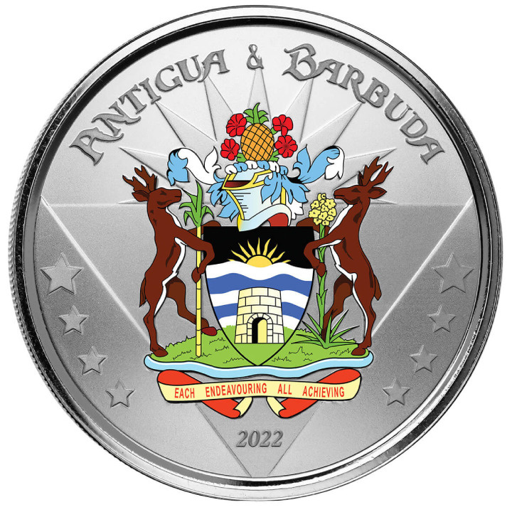 Antigua y Barbuda: Coat of Arms kolorowany 1 uncja Srebra 2022 Proof