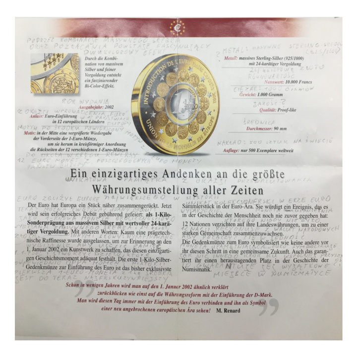 Сребърна монета Бенин: Въвеждане на еврото позлатена 10 000 франка 2002 пруф