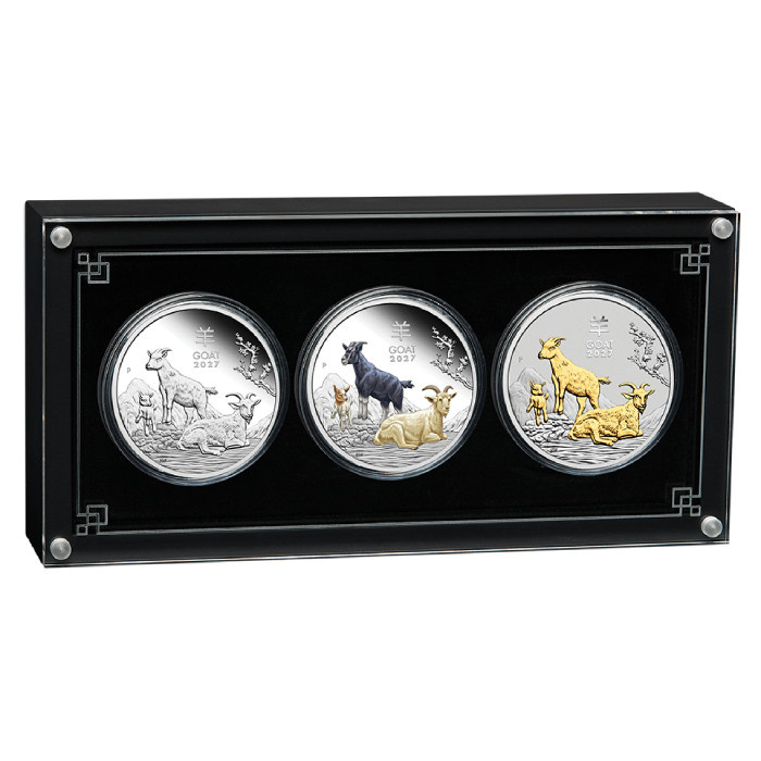 Set de 3 monede din argint Perth Mint: Lunar III - Anul Caprei colorate/aurite 3 uncii de argint 2027 Proof