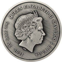 Tuvalu: Bogowie Olimpu - Zeus 5 uncji Srebra 2021 Antique Finish