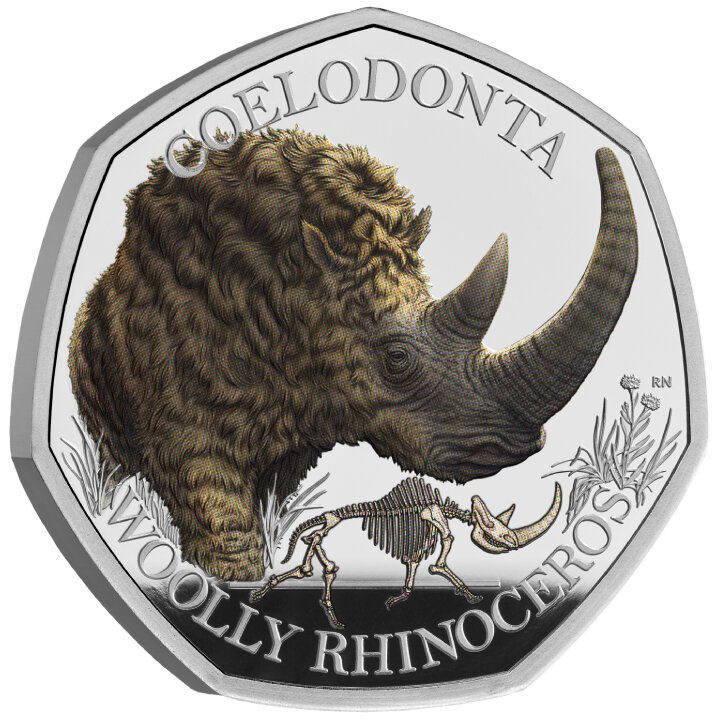 Ice Age Giants - Woolly Rhinoceros kolorowany 50p Srebro 2024 Proof