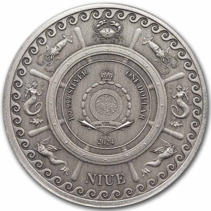 Niue : Créatures mythiques - Serpent de mer 1 once d'argent 2024 Pièce vieillie