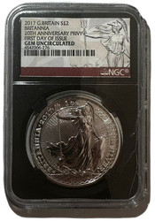 Britannia 1 oz Plata 2017 20 Aniversario Privy NGC Gema Sin Circular Primer Día de Emisión Dañado SLAB