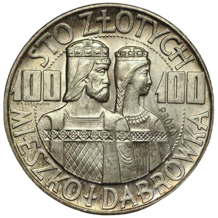 Essai : Mieszko et Dąbrówka 100 zlotys Argent 1966 (état 1 / 1- )