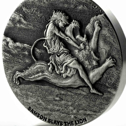 Niue: Bíblica - Sansón mata al león 2 oz Plata 2019 Proof Antiqued Coin