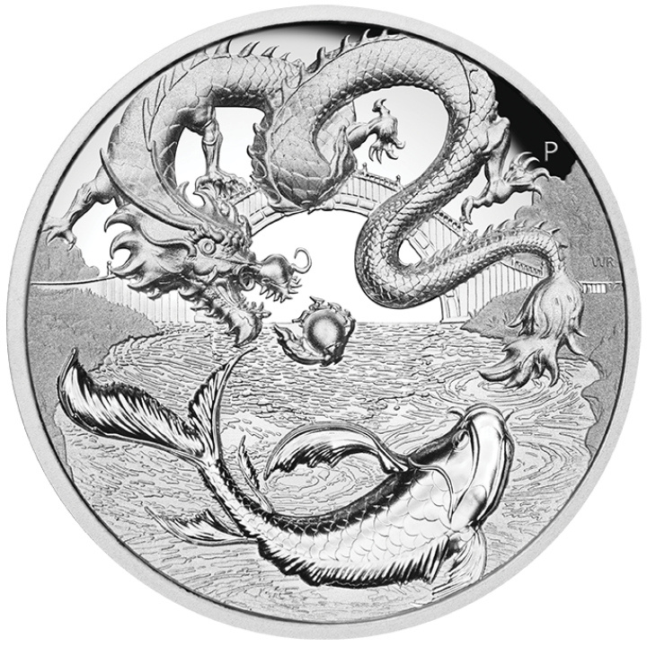 Chinese Myths and Legends: Dragon & Koi 2 oz Silber 2023 Proof High Relief  