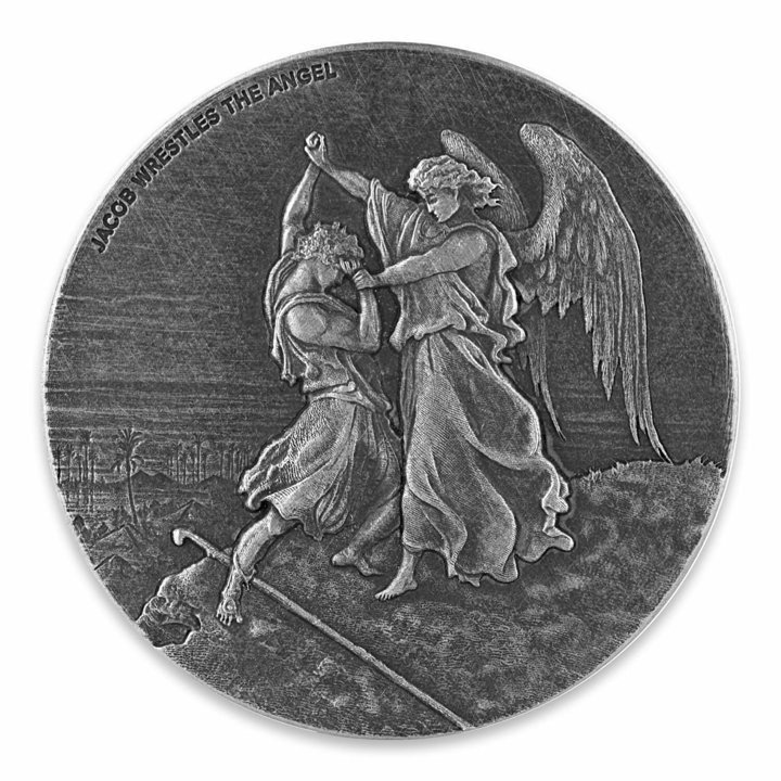Niue: Biblical - Jacob Wrestles The Angel 2 uncje Srebra 2017 Proof Antiqued Coin 