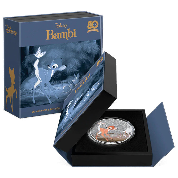 Niue: Disney Bambi 80th Anniversary - Bambi and Butterfly coloured 1 oz Silver 2022 Proof