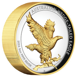 Aquila australiana placcata in oro 5 once d'argento 2023 Proof Alto rilievo