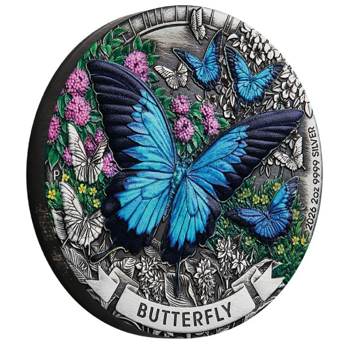 Monnaie en argent The Perth Mint : Butterfly colorisée 2 onces d'argent 2026 Antiqued