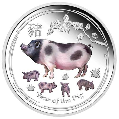 Lunar II: Rok Świni kolorowany 2 uncje Srebra 2019 Proof (Brisbane Money Expo)