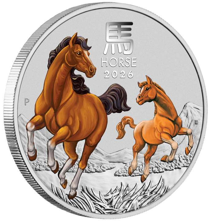 Perth Mint: Lunar III – Jahr des Pferdes koloriert 1/4 Unze Silber 2026 (Hobart Money Expo ANDA Special)