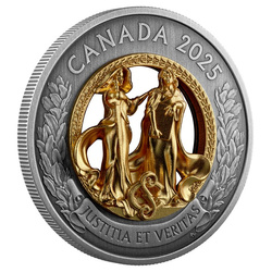 Kanada: Allegorien von Gerechtigkeit und Wahrheit vergoldet $50 Silber 2025 Antiqued Coin