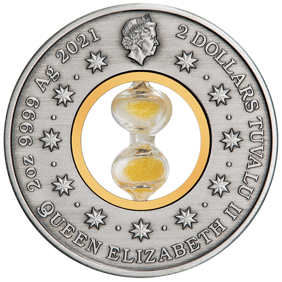 Tuvalu: Hourglass 2 uncje Srebra 2021 Antiqued Coin