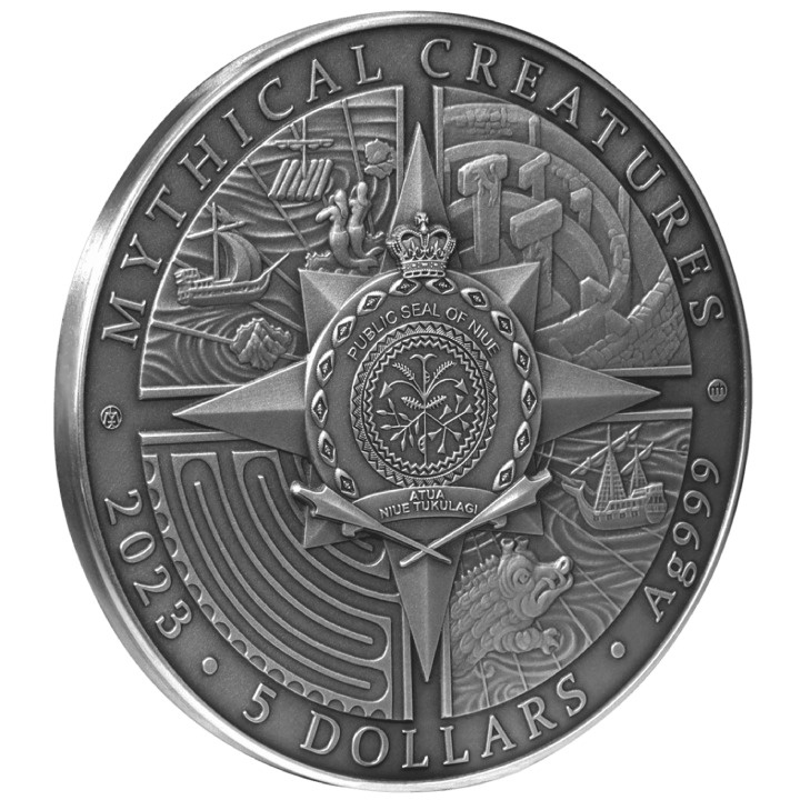 Niue: Criaturas míticas - Minotauro $5 plata 2023 en alto relieve envejecido