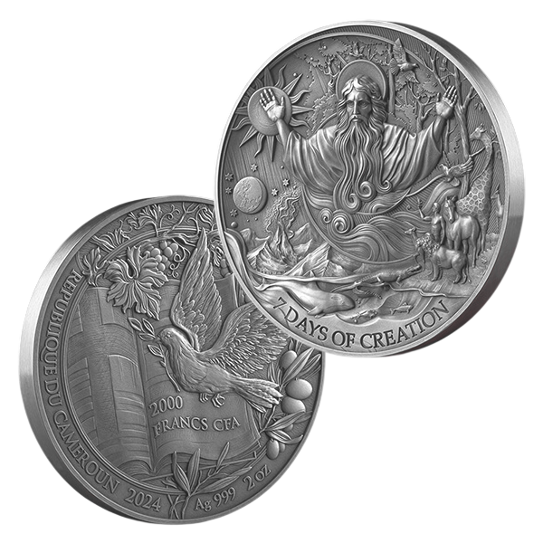 Kamerun: Bible Stories: Siedem Dni Stworzenia 2 uncje Srebra 2024 High Relief Antiqued Coin