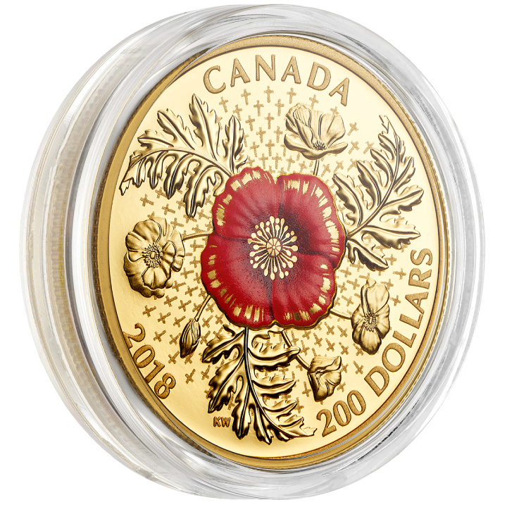 Canada: Armistice Poppy kolorowany 1 uncja Złota 2018 Reverse Proof