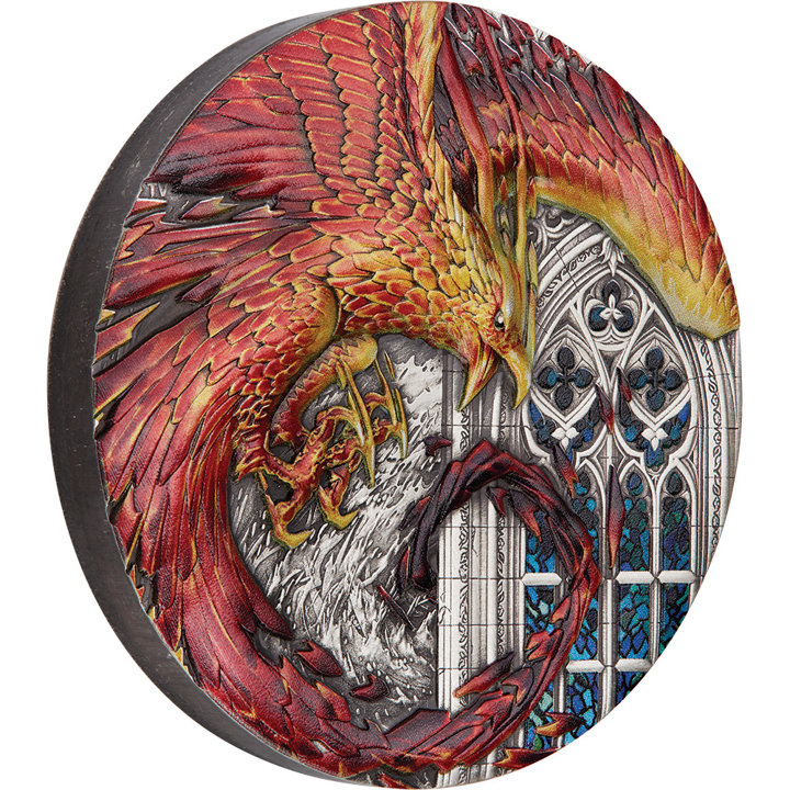 Tuvalu: Vzestup fénixe barevná 5 uncí stříbra 2022 Antiqued Coin