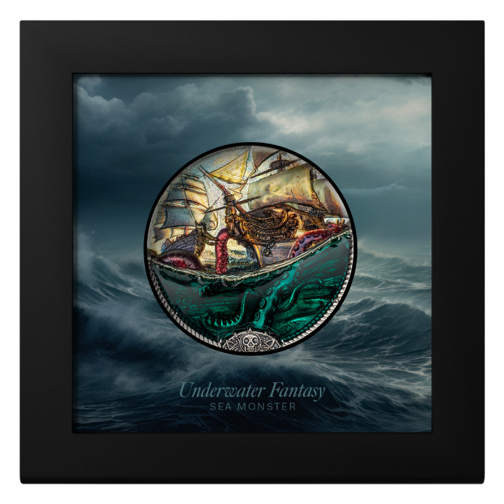 Cook Islands: Underwater Fantasy - Sea Monster coloured 3 oz Silber 2025 Antiqued Coin