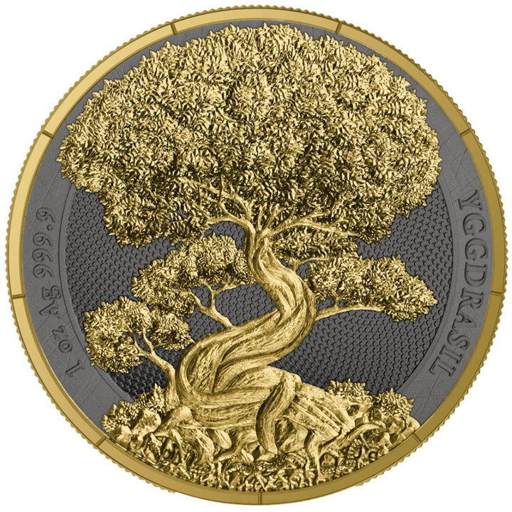 Mythical Forest: Yggdrasil Goldenleaf pozlacená 1 unce stříbra 2025 Black Ruthenium