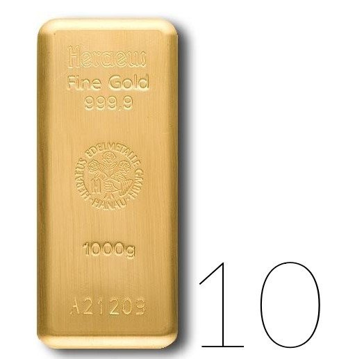 1000 gramów Sztabka Złota Aegor-Heraeus PAKIET 10 SZTUK