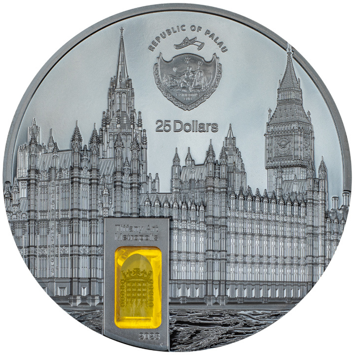 Palau: Tiffany Art Metropolis - Palacio de Westminster coloreada 5 oz Plata 2023 Negro Proof Ultra Alto Relieve