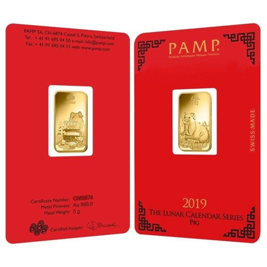 5 grammi Lingotto d'oro serie Lunar Anno del Maiale
