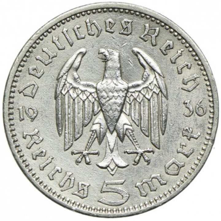 Niemcy, Trzecia Rzesza - Paul von Hindenburg 5 reichsmarek Srebro 1935-1936