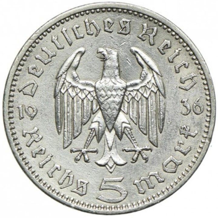 Germany, Third Reich – Paul von Hindenburg 5 Reichsmark Silver Coin 1935–1936
