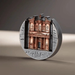 Cookinseln: Petra Al‑Khazneh, koloriert, 5 Unzen Silber, 2025, Antik‑Finish, Hochrelief.