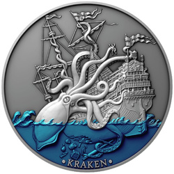 Niue: Creature mitiche - Mostro marino Kraken colorato $5 Argento 2021 Moneta antica ad alto rilievo