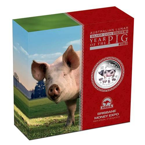 Lunar II: Anno del Maiale colorato 2 once d'argento 2019 Proof (Brisbane Money Expo)