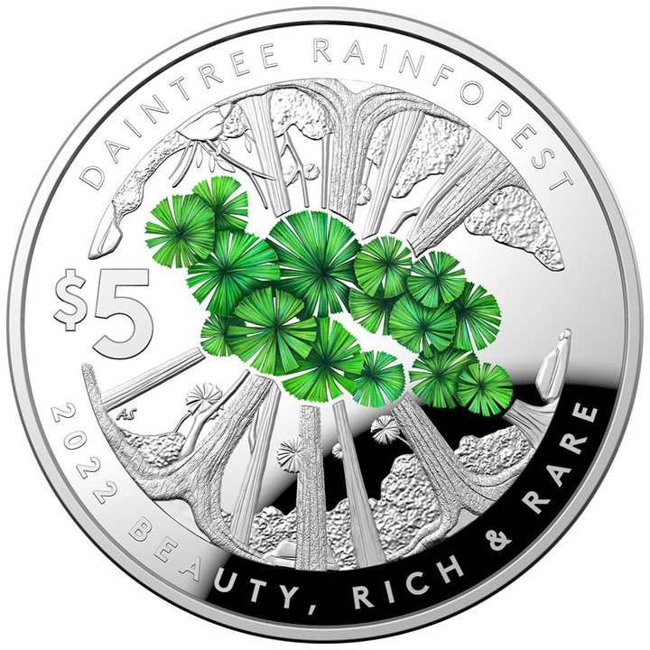 Bellezza, ricchezza e rarità: Foresta pluviale di Daintree colorata 1 oncia d'argento 2022 Proof Domed Coin