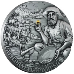 Libéria : Ruée vers l'or en Californie plaquée or 5 argent 2025 High Relief Antiqued Coin