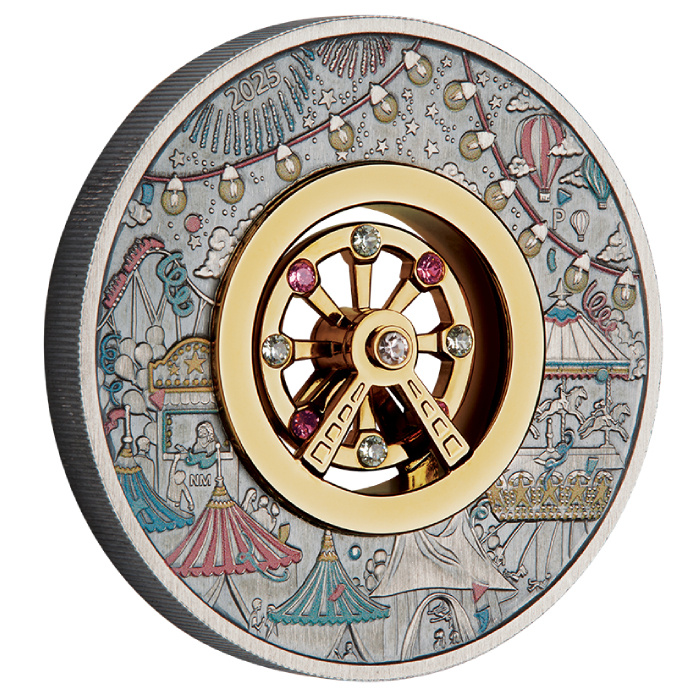 Tuvalu: Ferris Wheel kolorowany 2 uncje Srebra 2025 Antiqued Coin