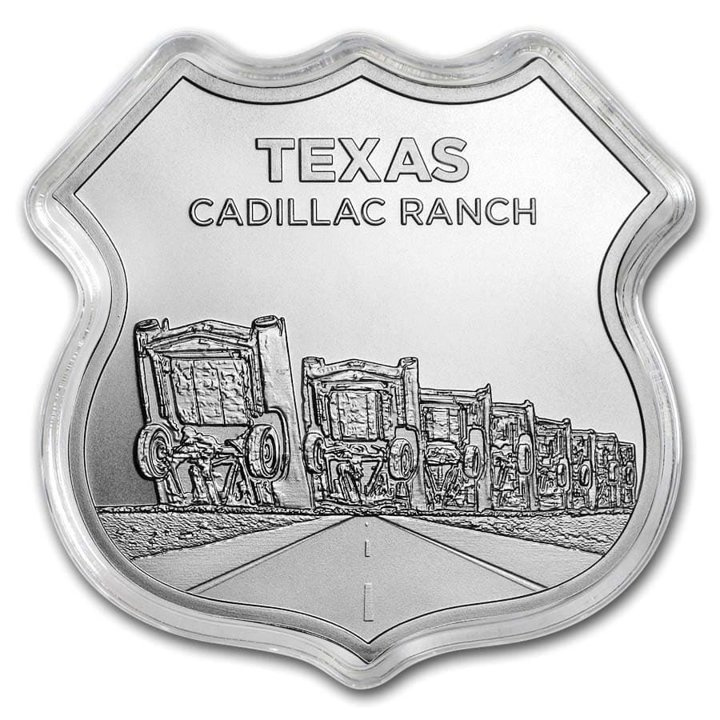 Icons of Route 66 Shield - Texas Cadillac Ranch 1 oncia d'argento