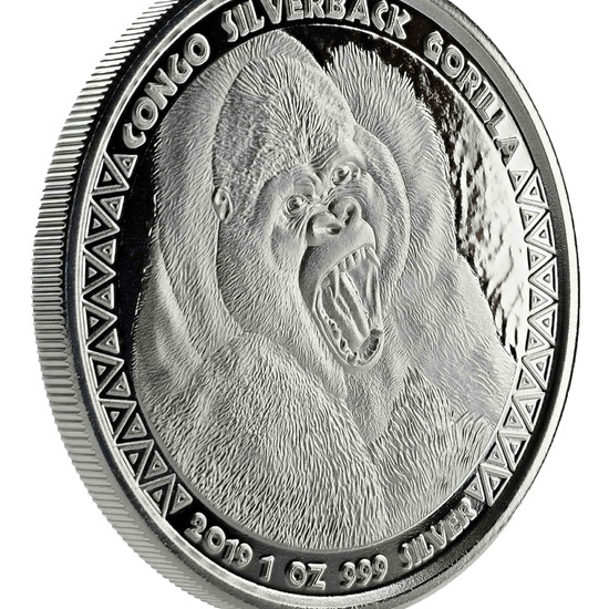 Kongo: Stříbrný gorila 1 unce stříbra 2019
