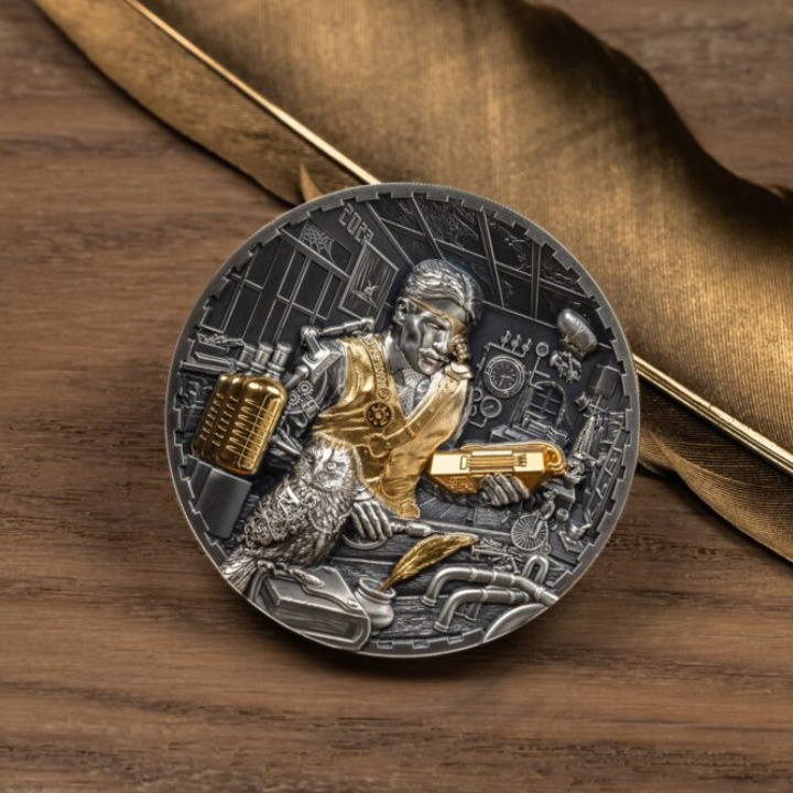 Cook Islands: Steampunk - Science Lab pozłacany 3 uncje Srebra 2023 Ultra High Relief Antiqued Coin