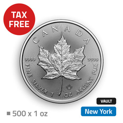 Feuille d'érable canadienne 500 onces d'argent - stockée dans un entrepôt hors taxes à New York (Loomis)