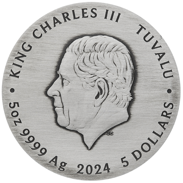 Tuvalu: Sárkány és az öt elem színes 5 uncia ezüst 2024 antikolt érme